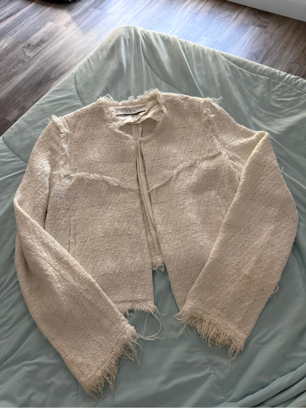 IRO White Lubna Tweed Fringe Collarless Cropped Jacket Blazer